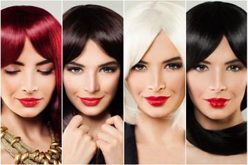 Brunette, blonde, brown and red ginger hair woman face. Haircare and hair coloring female face set