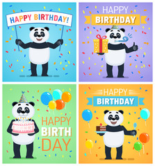 Set of different birthday posters. Birthday greeting card, placard. Cheerful panda holding gift box, present, cake, pie, banner. Flat vector illustration