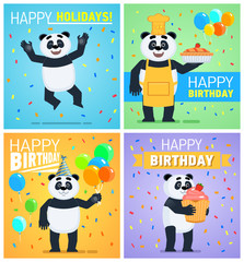 Set of different birthday posters. Birthday greeting card, placard. Cheerful panda holding cake, pie, cupcake, balloons, jumping. Flat vector illustration
