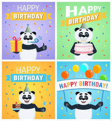 Set of different birthday posters. Birthday greeting card, placard. Cheerful panda holding gift box, present, cake, pie, banner. Flat vector illustration