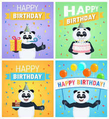 Fototapeta premium Set of different birthday posters. Birthday greeting card, placard. Cheerful panda holding gift box, present, cake, pie, banner. Flat vector illustration