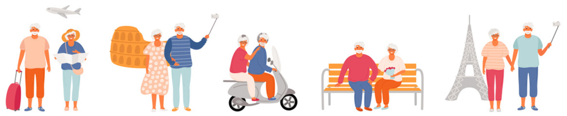 Romantic set of an elderly couple traveling the world. Airport, Rome, Paris, walk in the park and on a motor scooter. Elderly people characters.