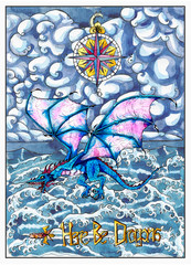 Blue fantasy flying dragon and baroque compass against scenic seascape