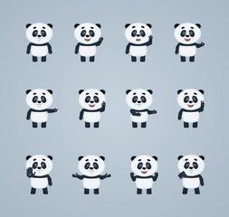 Fototapeta premium Zestaw postaci z kreskówek baby panda przedstawiających różne gesty dłoni. Wesoła panda pokazująca kciuk w górę, powitanie, machanie, wskazywanie w górę i inne gesty dłoni. Ilustracja wektorowa płaski