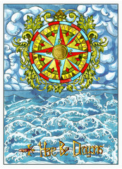 Beautiful decorated compass with baroque patterns agains stormy scenic seascape. 