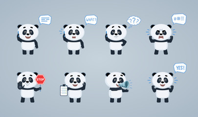 Set of cartoon baby panda characters posing in different situations. Cheerful panda talking on phone, surprised, thinking, angry, holding stop sign, loudspeaker, clipboard. Flat vector illustration © paper_owl