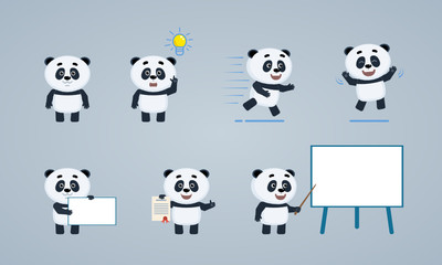 Set of cartoon baby panda characters posing in different situations. Cheerful panda standing, pointing up, running, jumping, holding banner, document, pointing to whiteboard. Flat vector illustration
