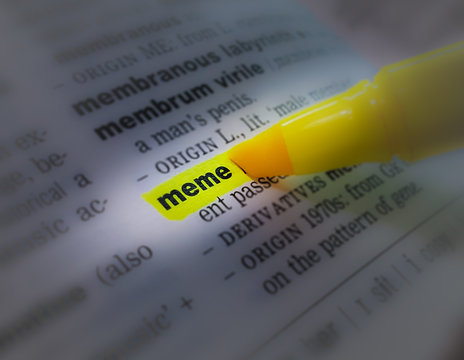 A close up of the a dictionary page showing the highlighted word: meme