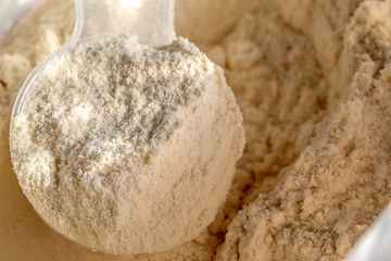 Fototapeta na wymiar Close up of protein powder and scoops. Whey protein scoop.