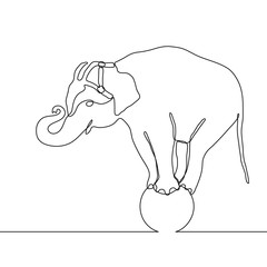 Elephant standing on a ball, continuous one line drawing, circus trick. Black and white sketch vector illustration.