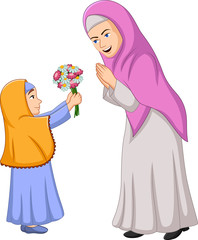 Little girl giving a bunch of flowers to her mother
