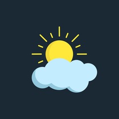 Modern vector illustration of the sun and cloud. Flat forecast icon of a cloudy weather. Meteorological symbol isolated on dark background.