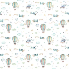 Cercles muraux Animaux avec ballon Illustration d& 39 arrière-plan à l& 39 aquarelle d& 39 un dessin animé mignon et d& 39 une scène de ciel fantaisie avec des avions, des hélicoptères, des avions et des ballons, des nuages. Modèle sans couture de garçon. C& 39 est une conception de douche