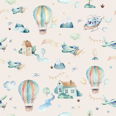 Akwarela zestaw ilustracji tła uroczej kreskówki i fantazyjnej sceny nieba wraz z samolotami, helikopterami, samolotem i balonami, chmury. Chłopiec wzór. 