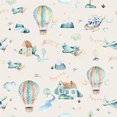 Gardinen Aquarell-Hintergrundillustration einer niedlichen Cartoon- und ausgefallenen Himmelsszene komplett mit Flugzeugen, Hubschraubern, Flugzeug und Ballons, Wolken. Junge nahtlose Muster. Es ist ein Babyparty-Design © kris_art