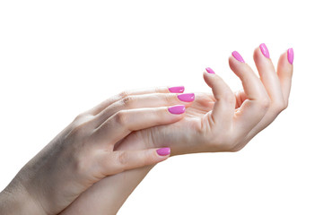 Beauty woman hands with pink fashion manicure. Isolated image