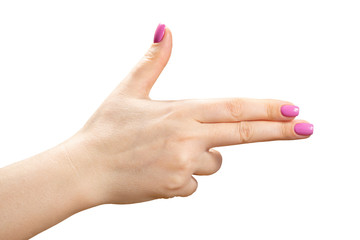 Beauty woman hands with pink fashion manicure. Isolated image