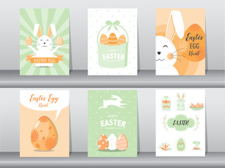 Fototapeta premium Set of Easter greeting cards,template,rabbits,eggs,cute,Vector illustrations 