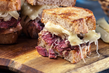 Reuben Sandwich with corned beef, cheese and sauerkraut