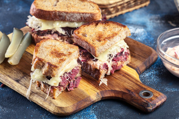 Reuben Sandwich with corned beef, cheese and sauerkraut