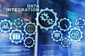 Data integration Business Information Technology Concept on Server Room Background.