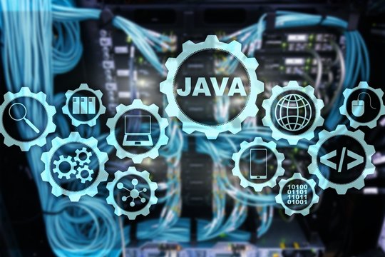  Java Programming concept. Virtual machine. On server room background.