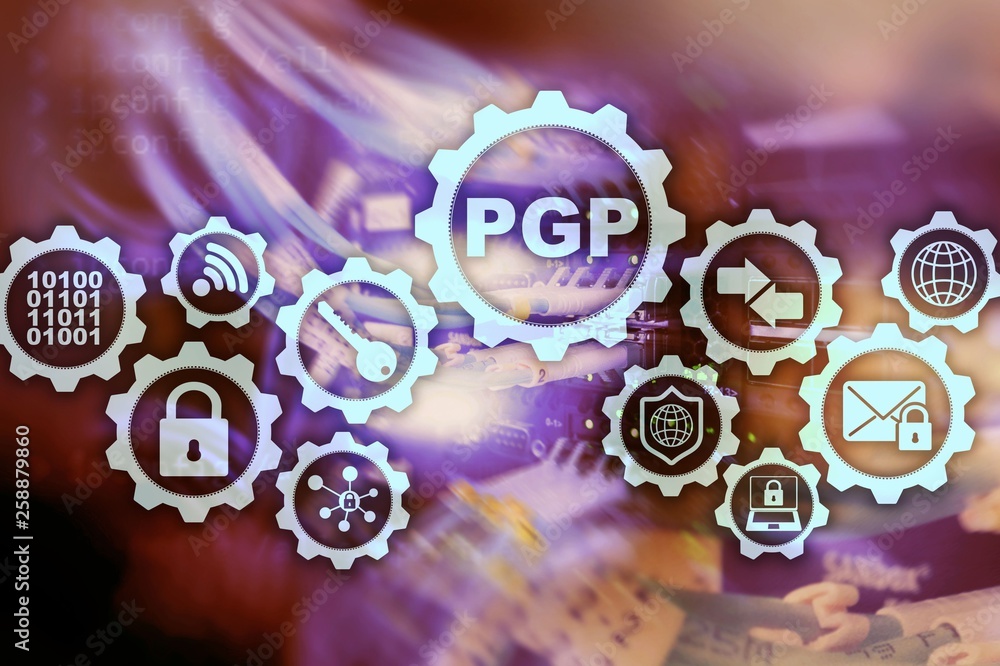Poster pgp. pretty good privacy. technology encryption and security concept.