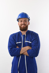 worker in blue working on white background