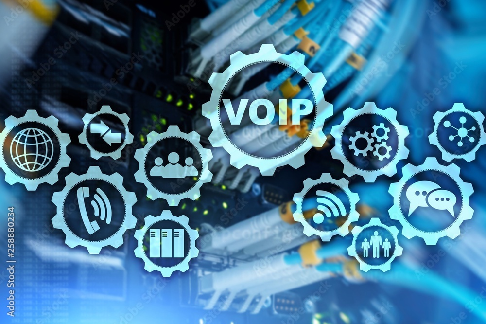 Poster voip voice over ip on the screen with a blur background of the server room. the concept of voice ove