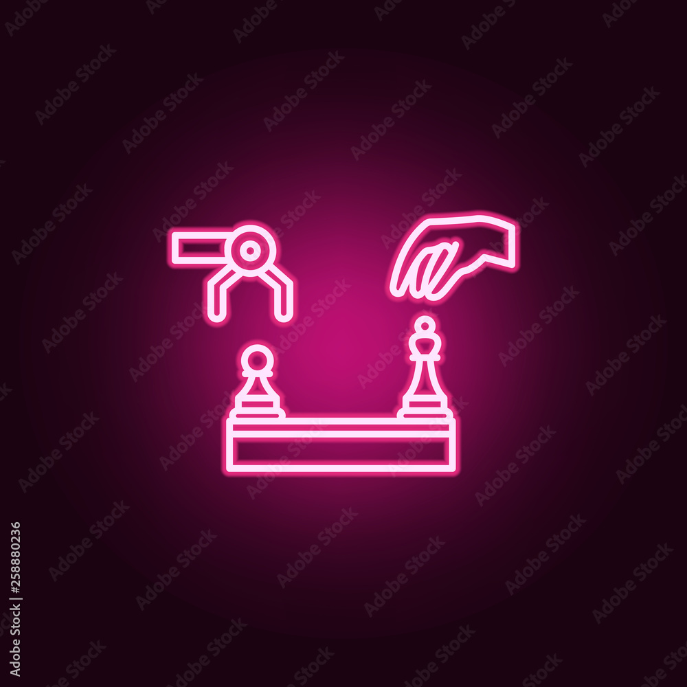 Poster artificial intelligence chess human and robot neon icon. elements of artifical intelligence set. sim