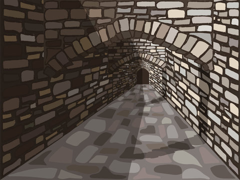 Medieval ancient street with a stone arch and door. vector illustration © CaroDi