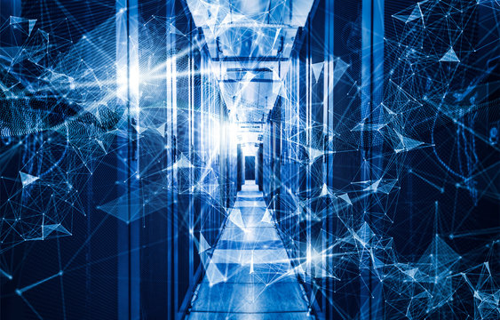 concept of information technology , computing and data storage. Abstract composition with connecting dots and lines and triangles in corridor servers in  data center. Plexus effect.
