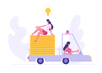 Business Innovation Success, Financial Wealth Concept with Businesswomen Characters Driving Car with Money and Idea Bulb. Banner for Website, Web Page, Poster or Wallpaper. Flat Vector Illustration