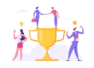 Business Agreement Financial Creative Success Cooperation Concept with Businesspeople Characters with Prize, Idea Bulb, Dollar Coin. Banner for Website, Web Page, Poster. Flat Vector Illustration