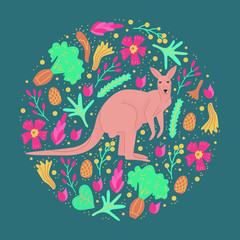 Set of abstact floral shapes and australian animal kangaroo in circle in flat style. Dark colorful bright card with plant: leaves and flowers on black background. Vector illustration