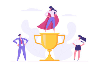 Business Teamwork Achievement Success Cooperation Concept with Proud Business people Characters with Gold Cup Prize. Banner for Website, Web Page, Poster or Wallpaper. Flat Vector Illustration