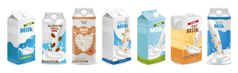 Milk boxes set Vector realistic. Collection of regular milk, oats, soy, rice and almond milk. Realistic 3d illustration sets