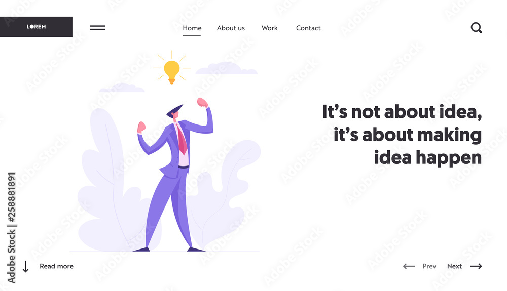 Poster business creative innovation success brainstorming concept with proud businessman character with ide