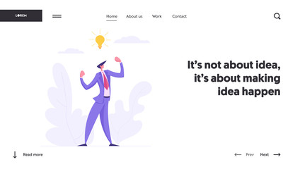 Business Creative Innovation Success Brainstorming Concept with Proud Businessman Character with Idea Lightbulb. Landing Page with Man Showing Strength Website, Web Page. Flat Vector Illustration