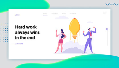 Business Success Start Up Concept for Landing Page with Business People Characters and Idea Lightbulb, Showing Creativity. Innovative and Coaching for Website, Web Page. Flat Vector Illustration