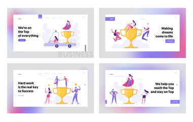Fototapeta na wymiar Successful Teamwork Business Achievement Concept for Landing Page Set. People Characters with Car and Prize, Agreement and New Idea , as Innovation for Website and Web Page. Flat Vector Illustration