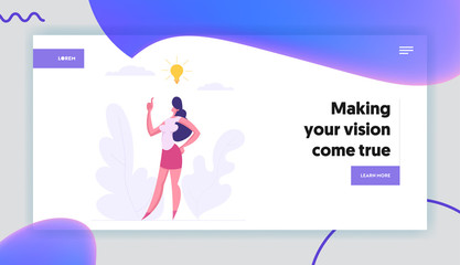 Business Success Creative Thinking Concept for Landing Page with Businesswoman Character Pointing on Idea Lightbulb. Innovative and Brainstorming Banner for Website, Web Page. Flat Vector Illustration