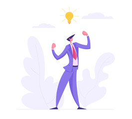 Business Success Out of Box Thinking Concept with Creative Businessman Character Proud with Idea Lightbulb. Innovative and Brainstorming Banner for Website, Web Page, Poster. Flat Vector Illustration