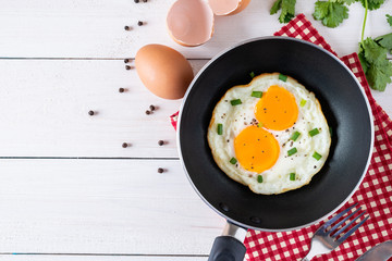 Breakfast with fried eggs on pan, Healthy homemade meal. Top view and Copy space.