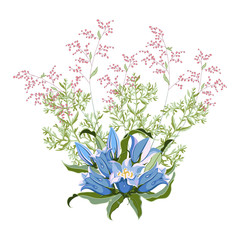 Floral bunch of hand drawn wildflowers bluebell and blooming wormwood