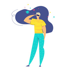 Virtual Reality Augmented Concept. Happy Male Character with VR Glasses Playing Online  Games. New Technology Experience Gadget for Website, Banner, Poster. Flat Vector Illustration