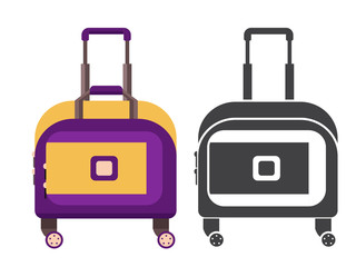 Small yellow travel suitcase. Carry on luggage or baggage for trips. Wheeled travel bag with handle icon.