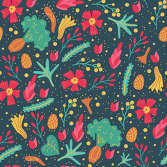 Seamless floral pattern with abstact shapes in flat style. Dark colorful bright endless surface texture with australian plant: leaves and flowers on black background. illustration