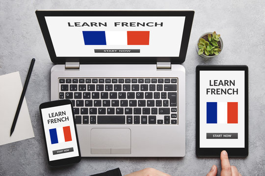 Learn French concept on laptop, tablet and smartphone screen