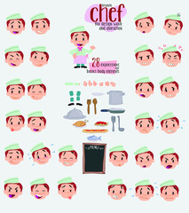 Chef. Twenty eight expressions and basics body elements, template for design work and animation. Vector illustration to Isolated and funny cartoon character.